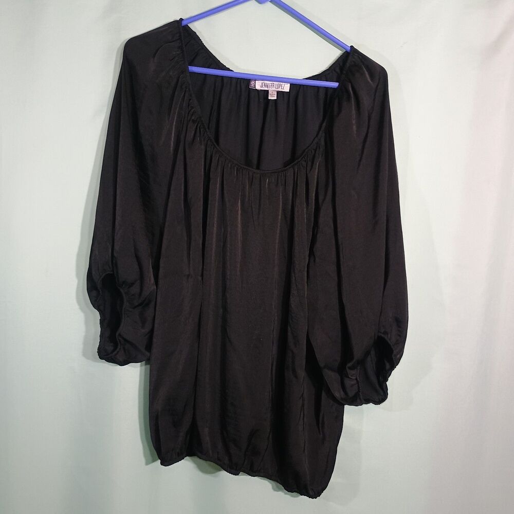 Jennifer Lopez Women’s Black Satin Blouse – 3/4 Sleeve Scoop Neck Peasant Top